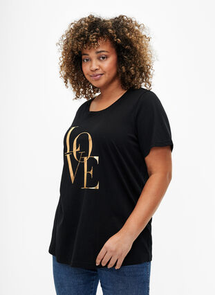 Bawelniana koszulka ze zlotym tekstem, Black w. Gold Love, Model image number 0