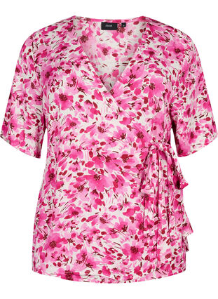 Wiskozowa bluzka w kopertowym stylu, Pink Flower Rain, Packshot image number 0