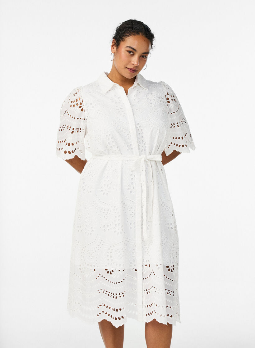 Sukienka-koszulka w stylu broderie anglaise z pasem do wiazania, Biały, Model image number 0