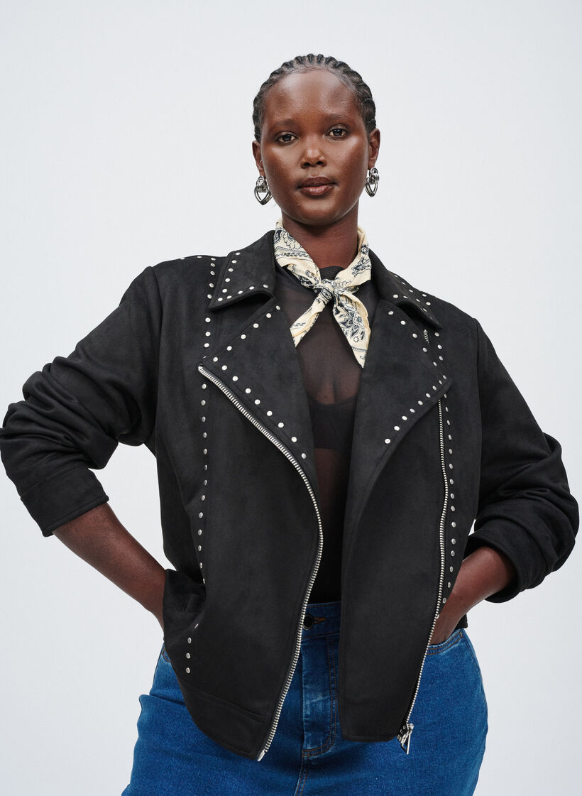 Kurtka motocyklowa ze sztucznego zamszu z cwiekami, Czarne, Image image number 0