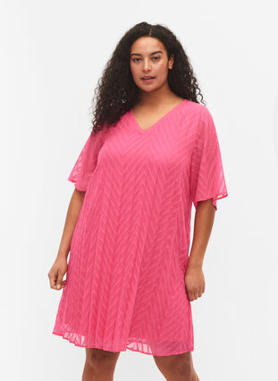 Plisowana sukienka z krótkim rekawem, Shocking Pink, Model image number 0