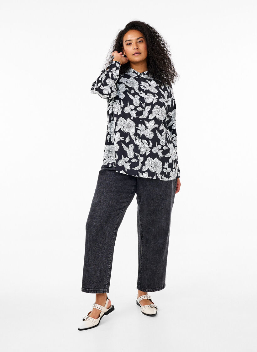 Koszula z nadrukiem w kwiaty, Czarne, Model image number 1