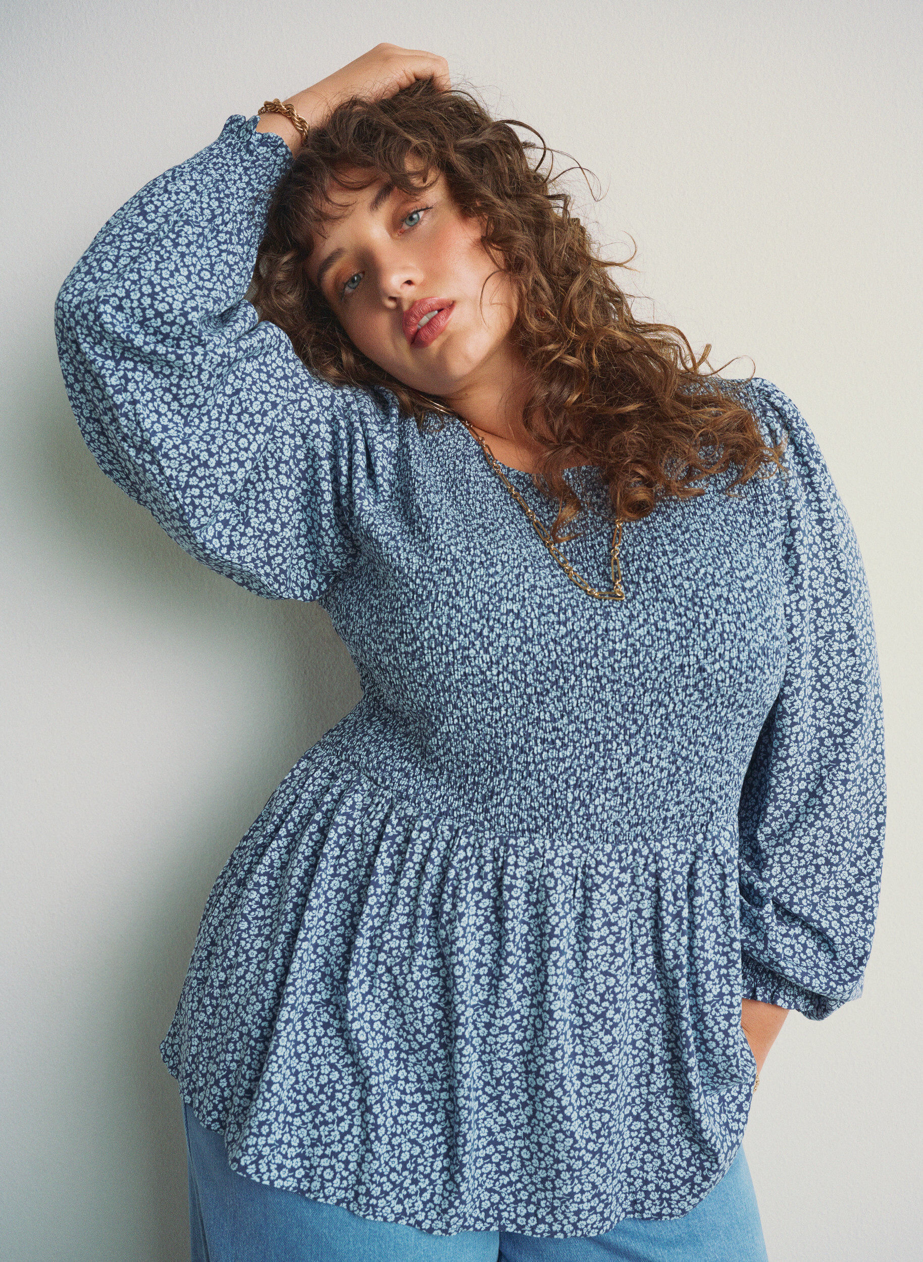 Zizzi Bluzka z marszczonym stanikiem i nadrukiem kwiatowym, Niebieskie, Image image number 0