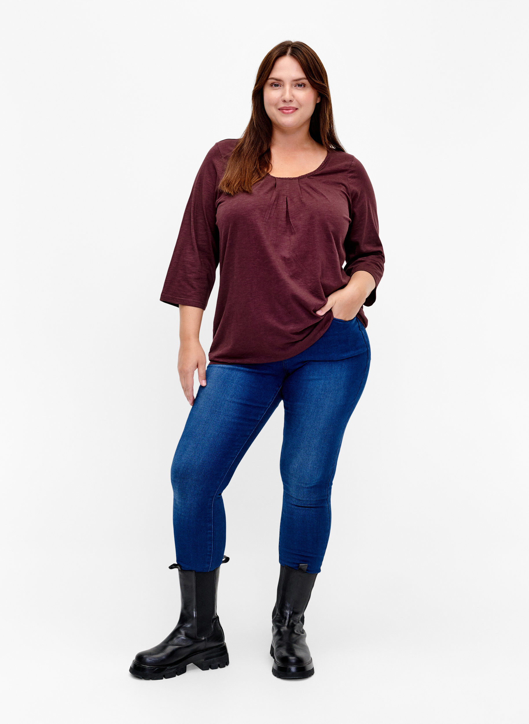 Zizzi Bawelniana bluzka z rekawem 3/4, Fudge, Model image number 2