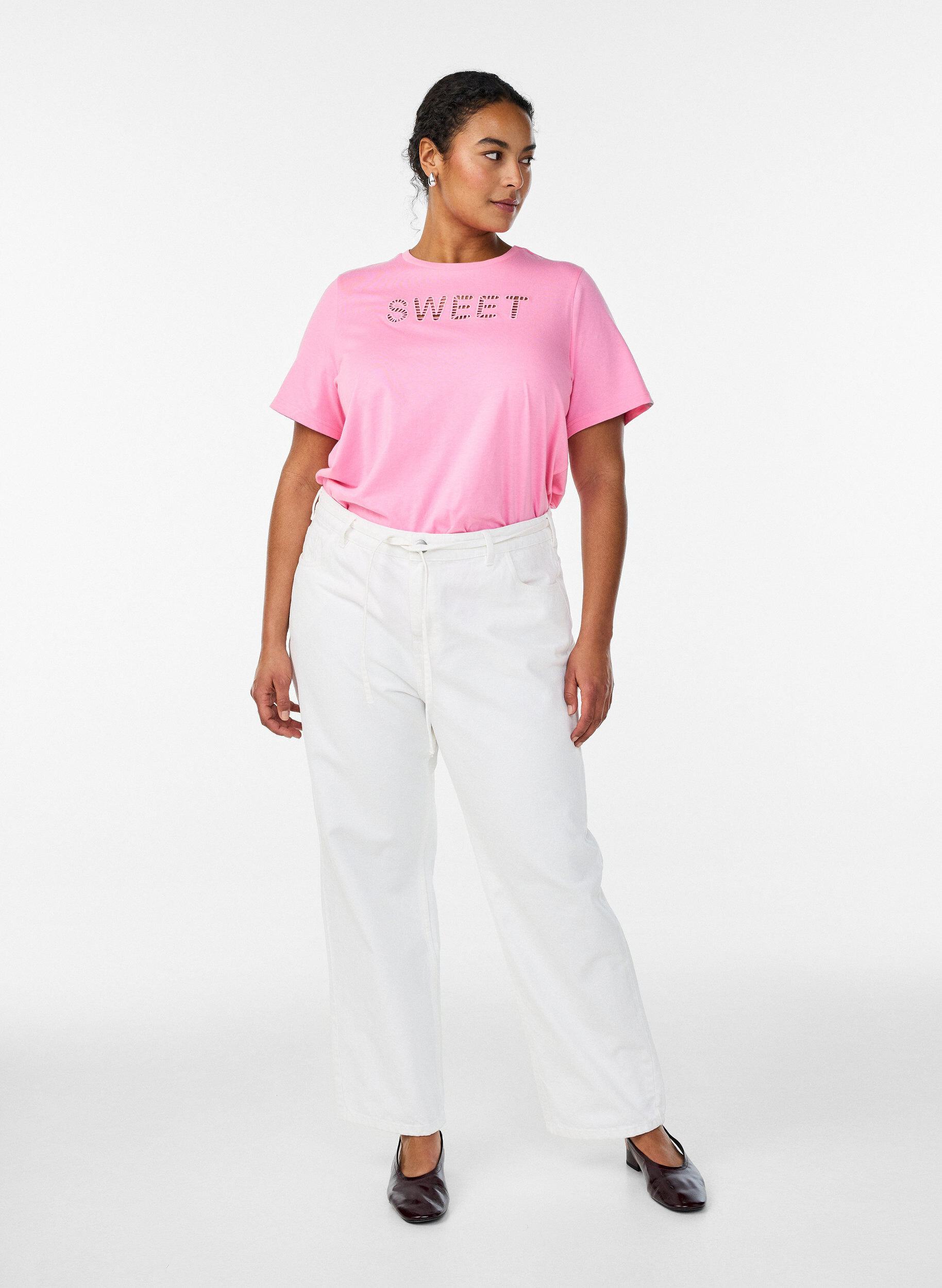 Zizzi Koszulka bawelniana z haftowanym tekstem, Biały, Model image number 1