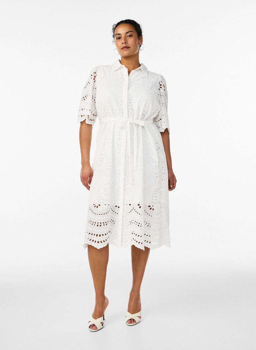 Sukienka-koszulka w stylu broderie anglaise z pasem do wiazania, Biały, Model image number 1
