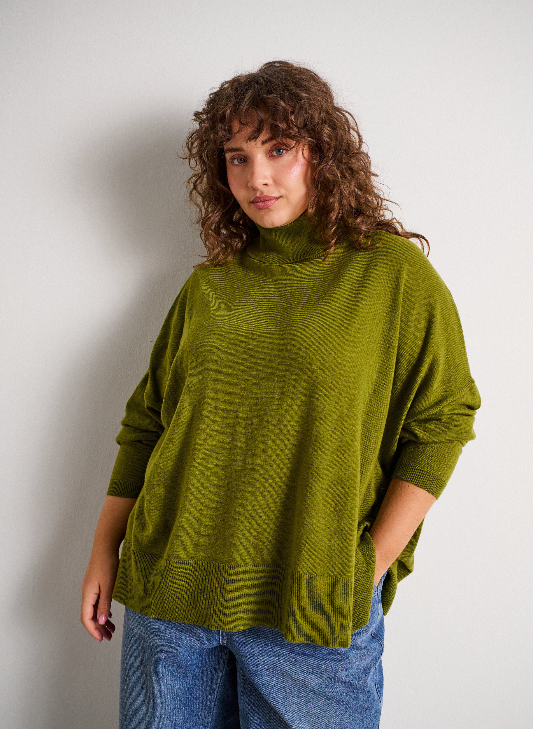 Sweter z kolnierzykiem i luznym krojem, Zielony, Model