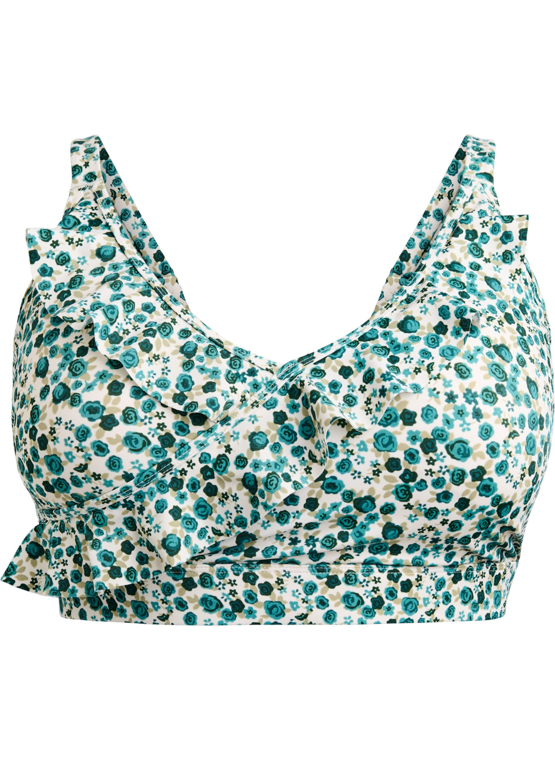 ZizziKwiatowy stanik bikini z falbankami, Zielony, Packshot image number 0