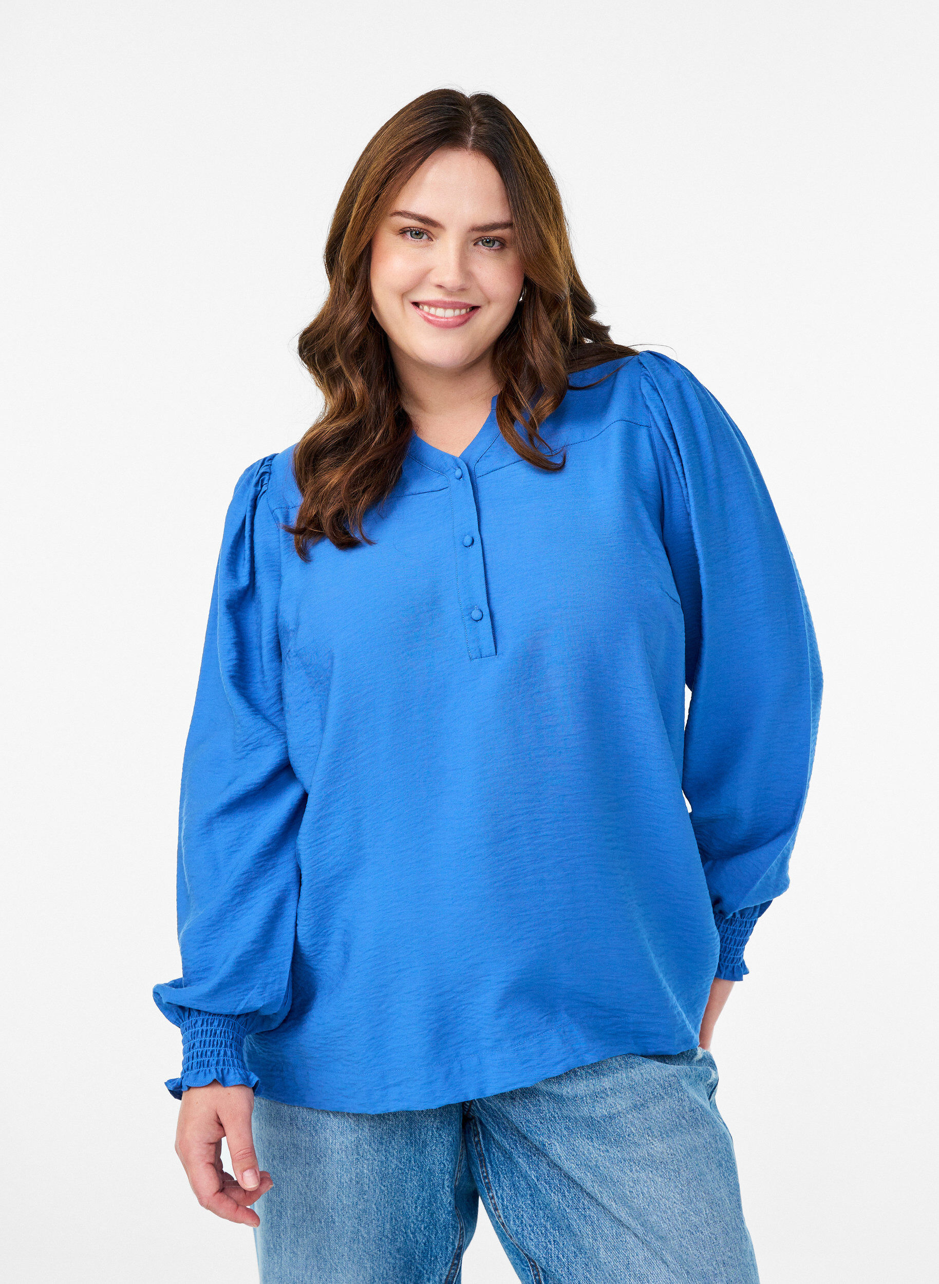 Bluzka wiskozowa ze smockiem i marszczonymi detalami, Niebieskie, Model