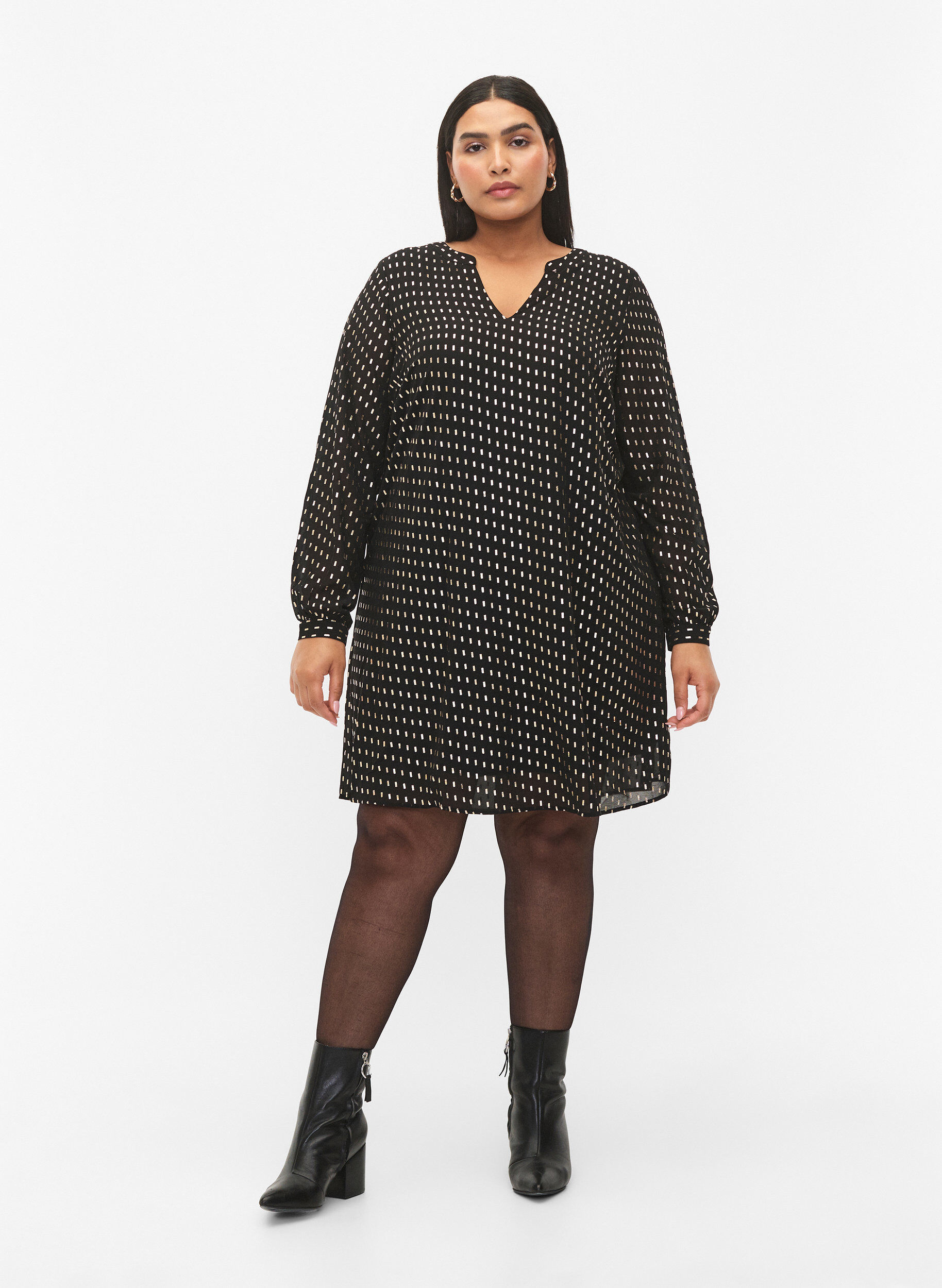 Zizzi Sukienka z dlugimi rekawami i foliowym nadrukiem, Black w. Gold, Model image number 2