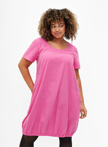 Bawelniana sukienka z krótkim rekawem, Shocking Pink, Model image number 0