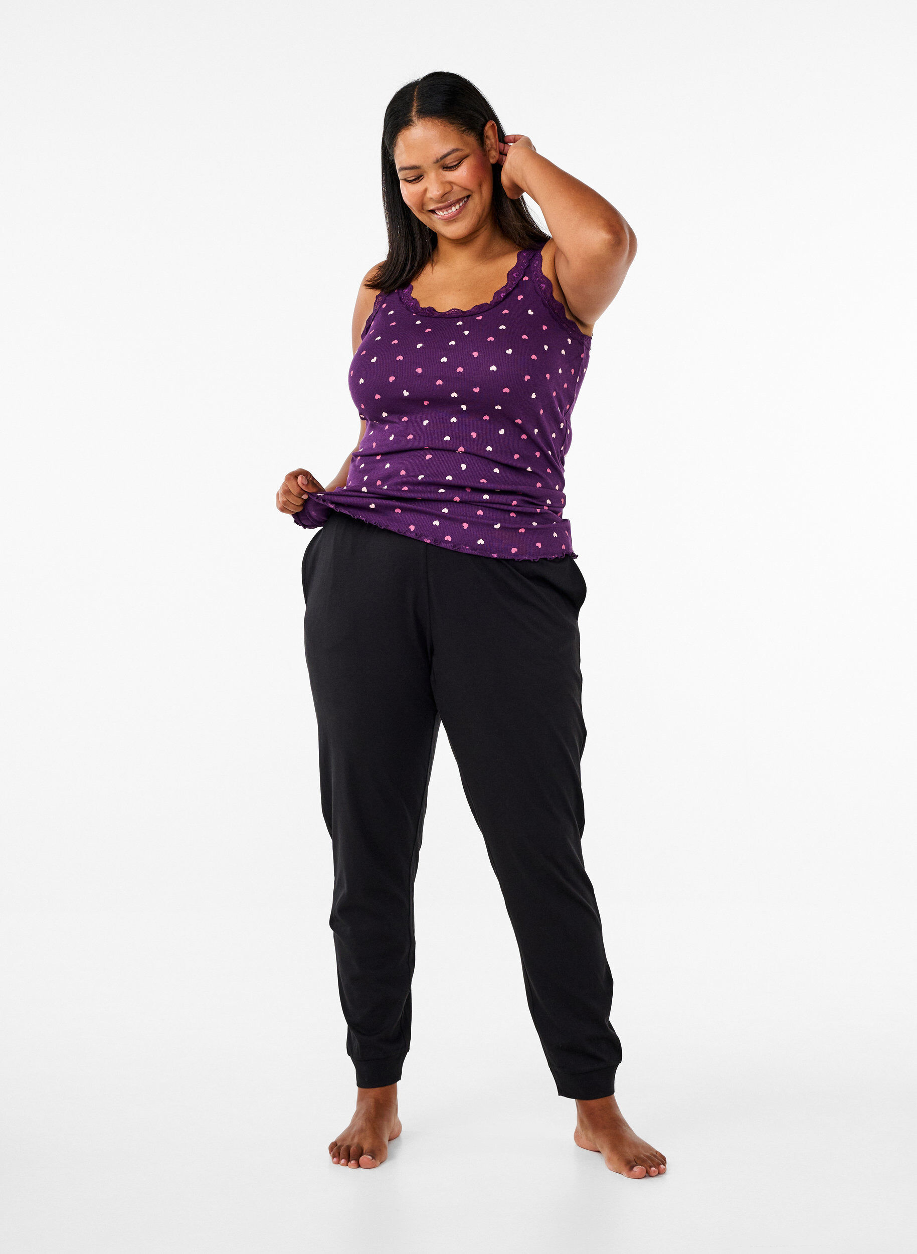 Zizzi Top z nadrukiem i koronkowym brzegiem, Fioletowy, Model image number 1