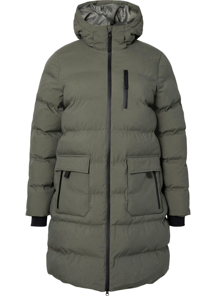 Puchowy plaszcz z kapturem i kieszeniami, Zielony, Packshot image number 0