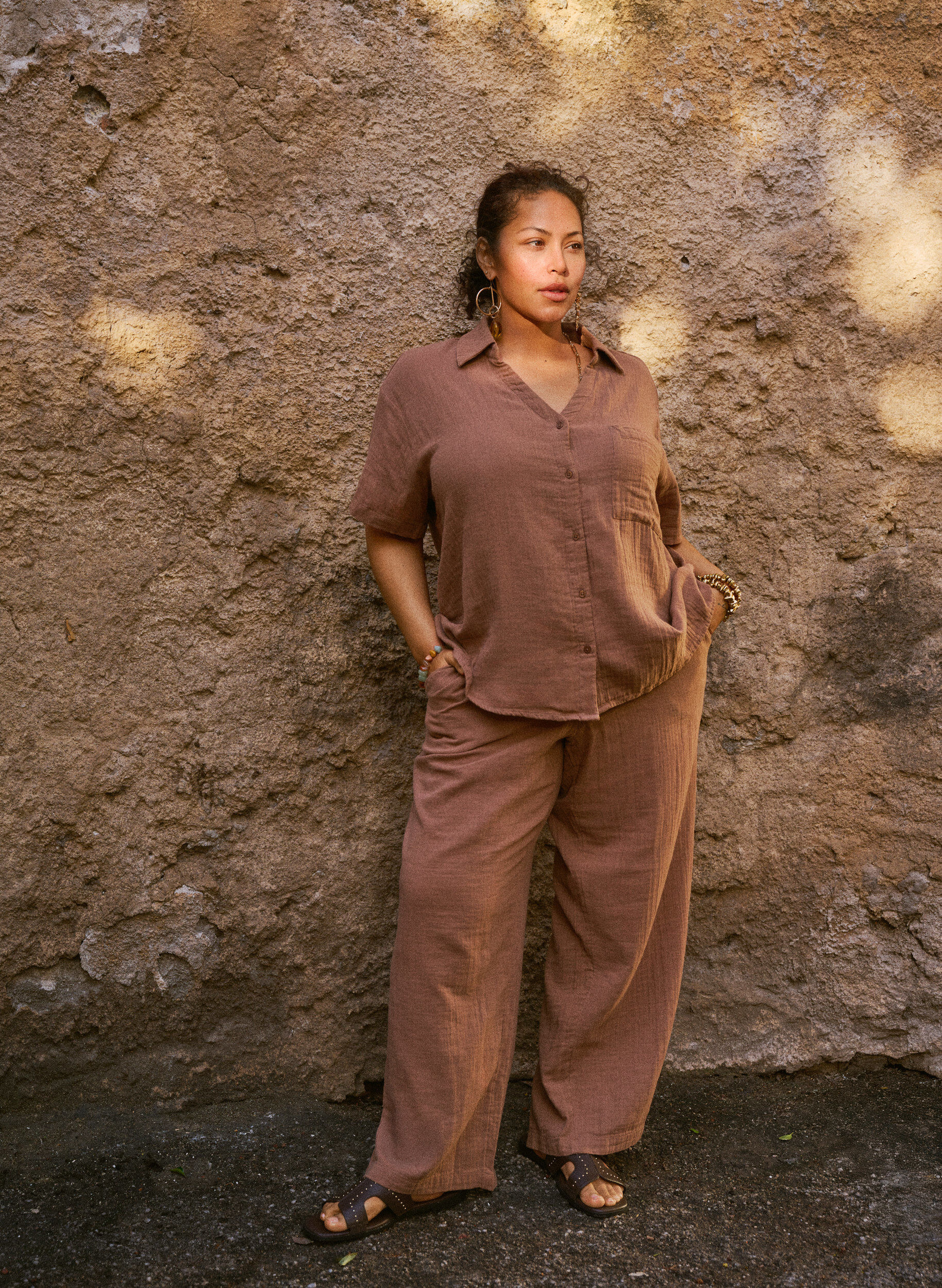 Zizzi Spodnie z bawelnianej musliny z wysokim stanem i luznymi nogawkami, Brązowy, Image image number 0