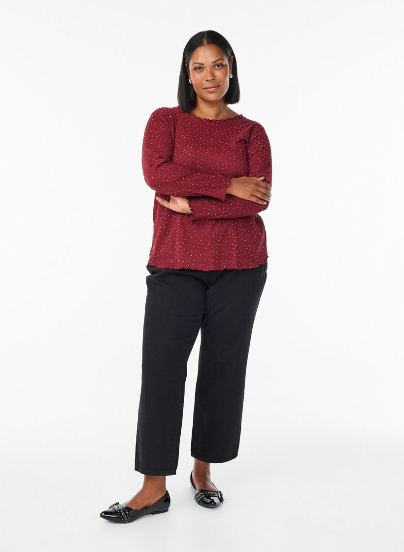 Bluzka z dlugimi rekawami ozdobiona dzetami, Ciemnobordowy, Model image number 1