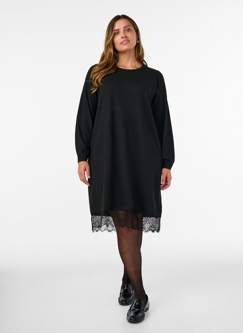 Kr&oacute;tka dzianinowa sukienka z koronkowym wykonczeniem, Czarne, Model image number 1