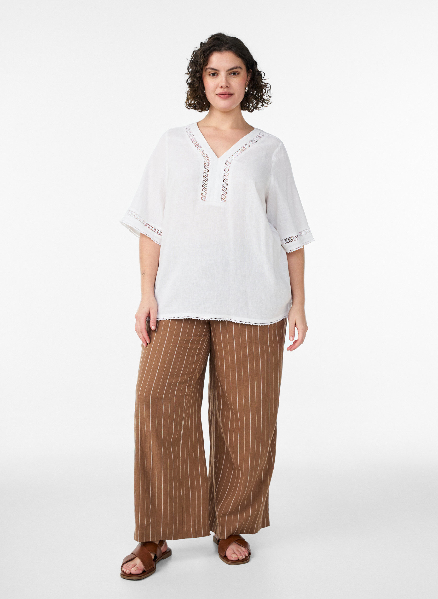 Zizzi Bluzka z lnu i wiskozy z haftami szydelkowymi, Biały, Model image number 1