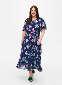 Kwiecista sukienka midi z krótkim rekawem i kwiatowym nadrukiem, Blueprint Flower AOP, Model