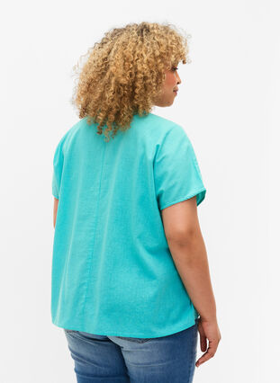 Bluzka z krótkim rekawem z mieszanki bawelny z lnem, Turquoise, Model image number 1