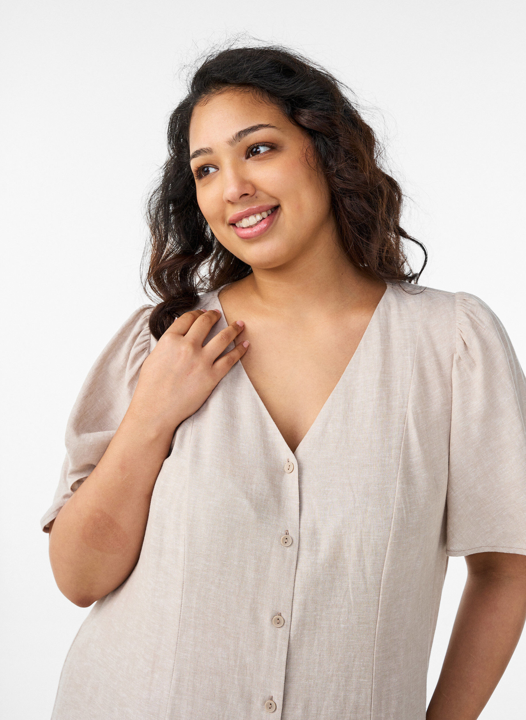 ZizziSukienka midi z lnu i wiskozy z falbankami na rekawach, Beżowy, Model image number 2