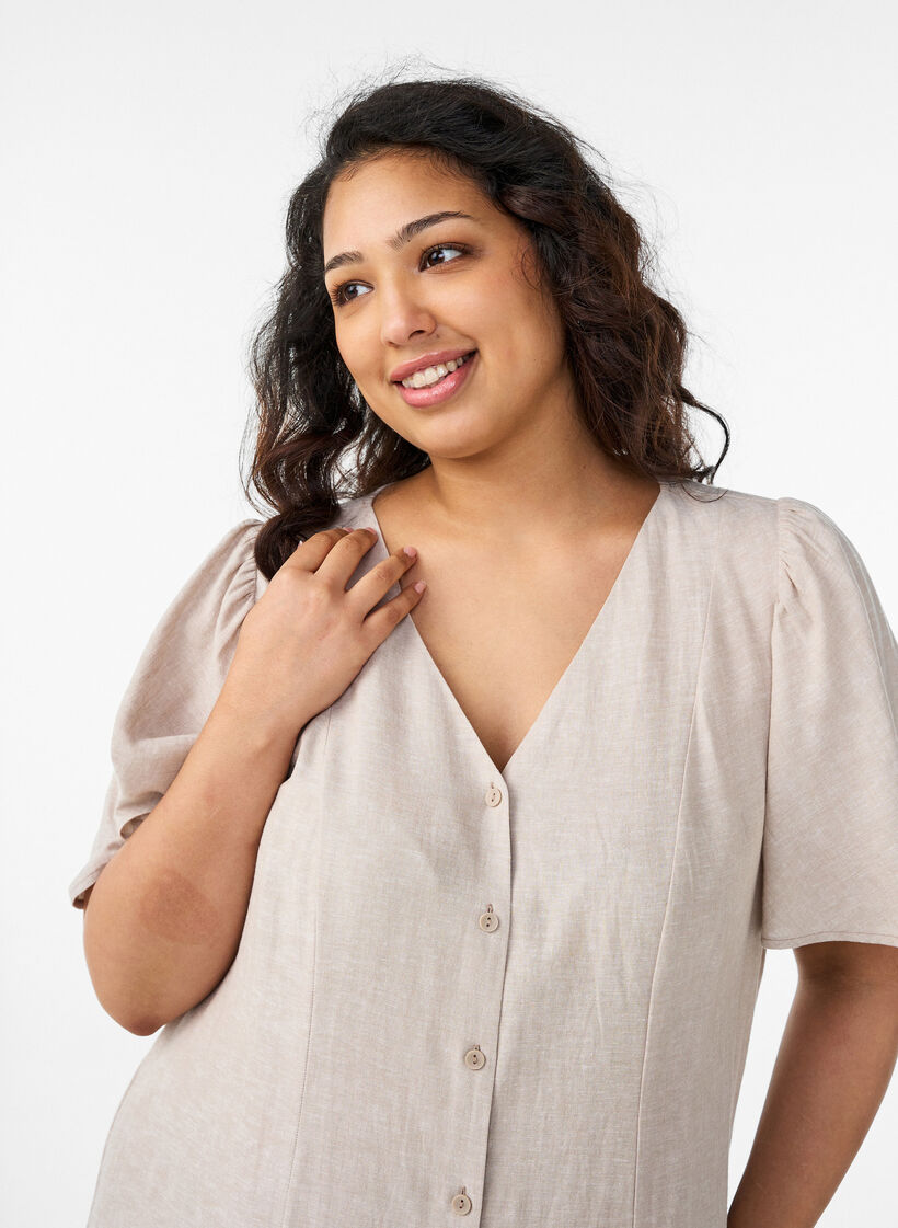 Sukienka midi z lnu i wiskozy z falbankami na rekawach, Beżowy, Model image number 2