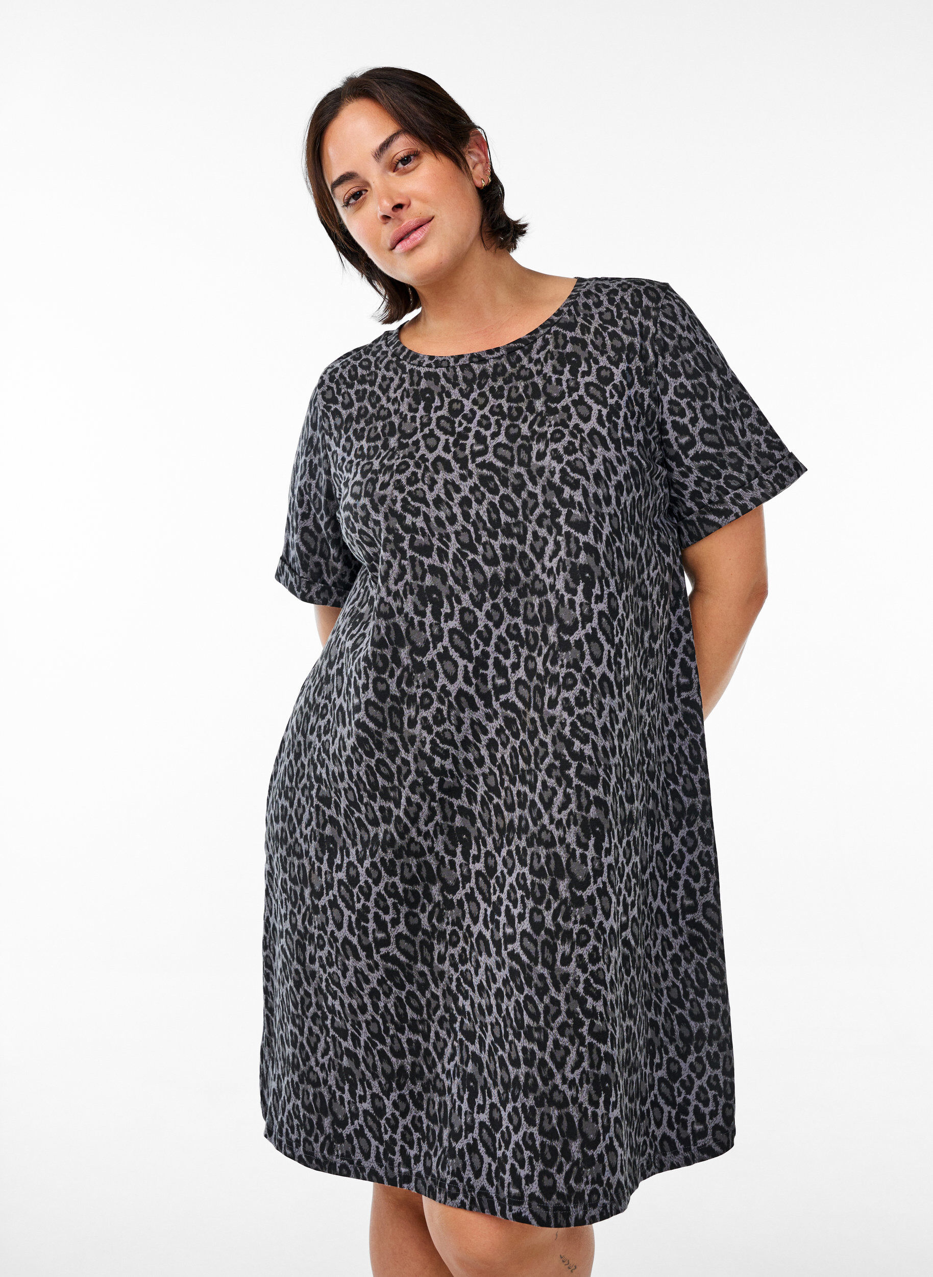 Zizzi Kr&oacute;tka sukienka T-shirtowa w krate z bawelnianej dzianiny, Szary, Model image number 0