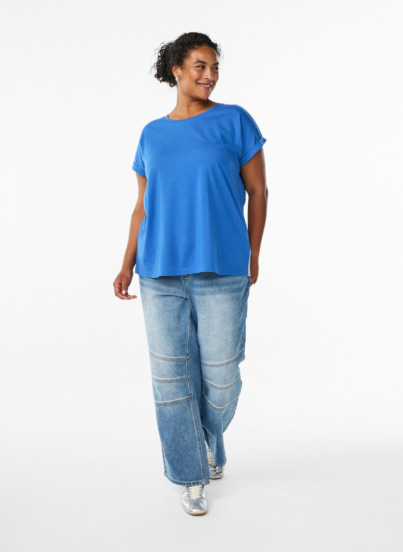 T-shirt z kr&oacute;tkim rekawem z mieszanki bawelny, Niebieskie, Model image number 1