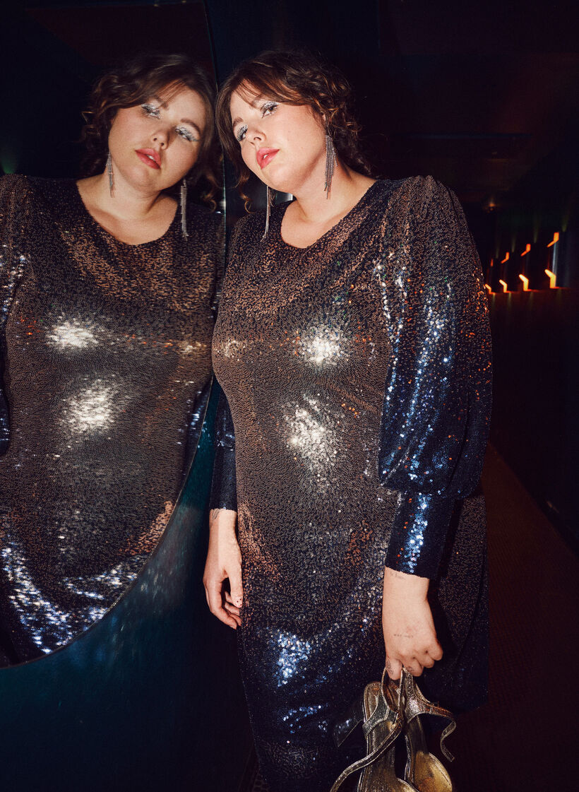 Cekinowa sukienka z bufiastymi rekawami, Evening Blue Cobber, Image image number 0