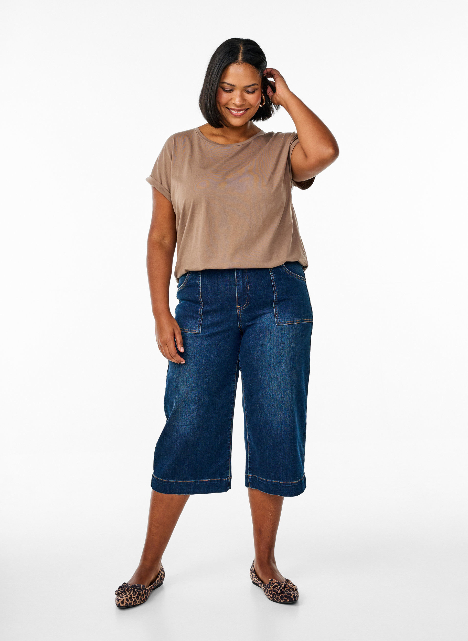 Zizzi T-shirt z kr&oacute;tkim rekawem z mieszanki bawelny, Brązowy, Model image number 1