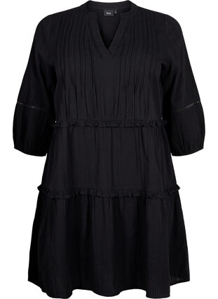 Bawelniana sukienka z rekawem 3/4 i marszczeniami, Black, Packshot image number 0