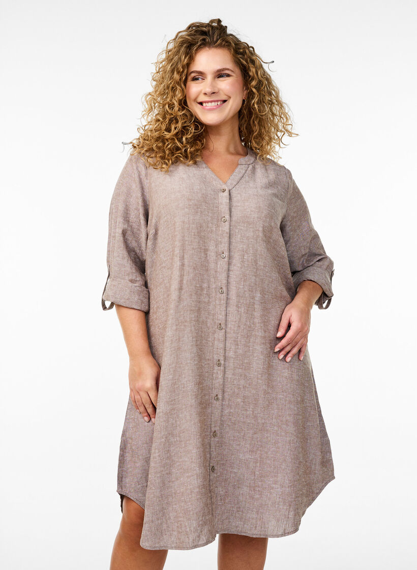 Koszula o przedluzonym kroju z lnu i wiskozy, Brązowy, Model image number 0