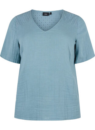 Bawelniana bluzka z haftem i krótkimi rekawami, Smoke Blue, Packshot image number 0