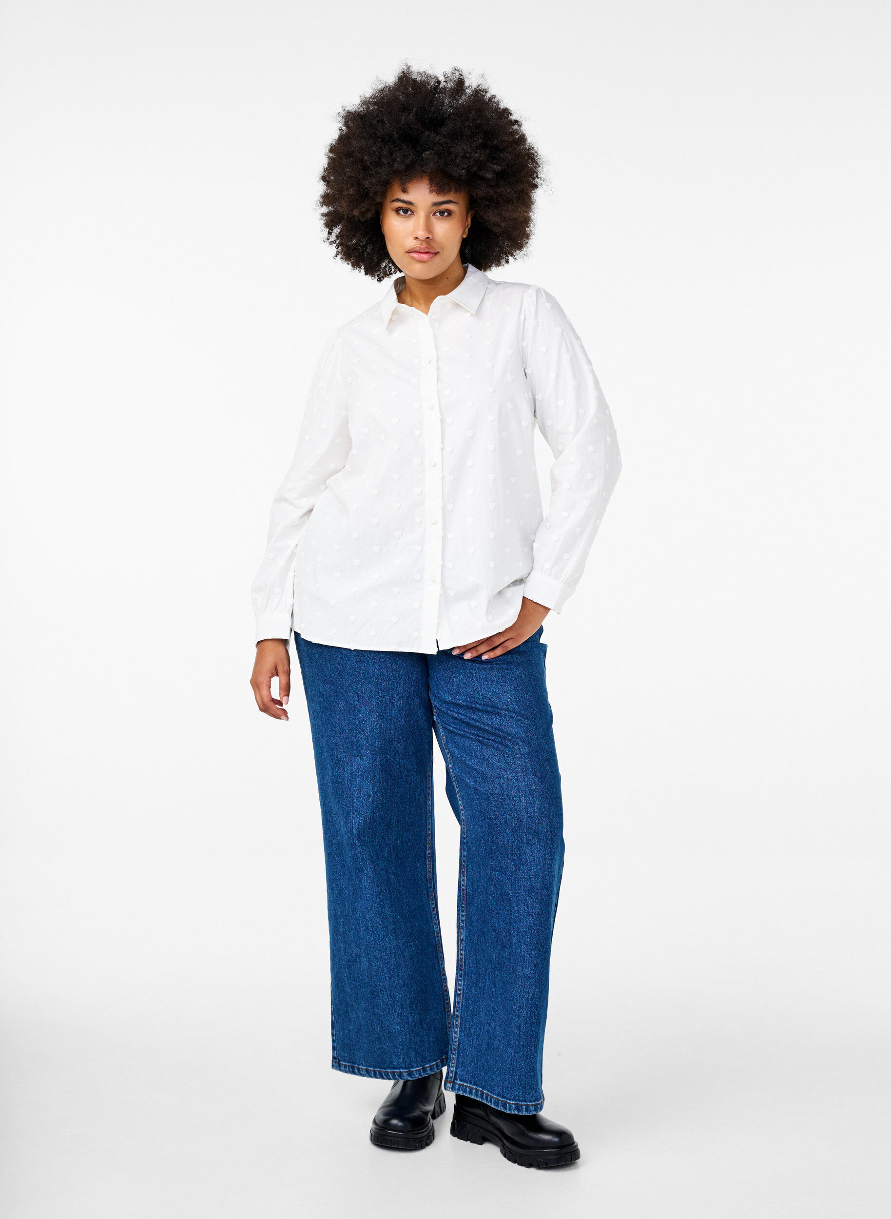 Zizzi Koszula z kolnierzykiem i naszytymi sercami, Biały, Model image number 1