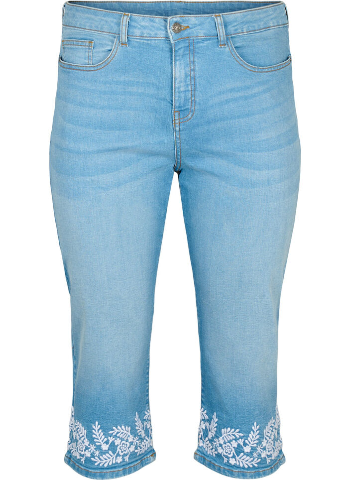 Amy knickers z wysokim stanem i haftem, Light blue denim, Packshot image number 0