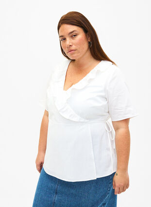 Bluzka z krótkim rekawem i falbanka, Bright White, Model image number 0