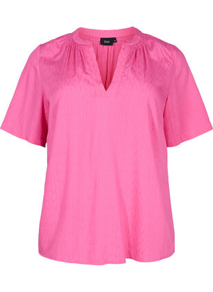 Wiskozowa bluzka z krótkimi rekawami i dekoltem w szpic, Shocking Pink, Packshot image number 0