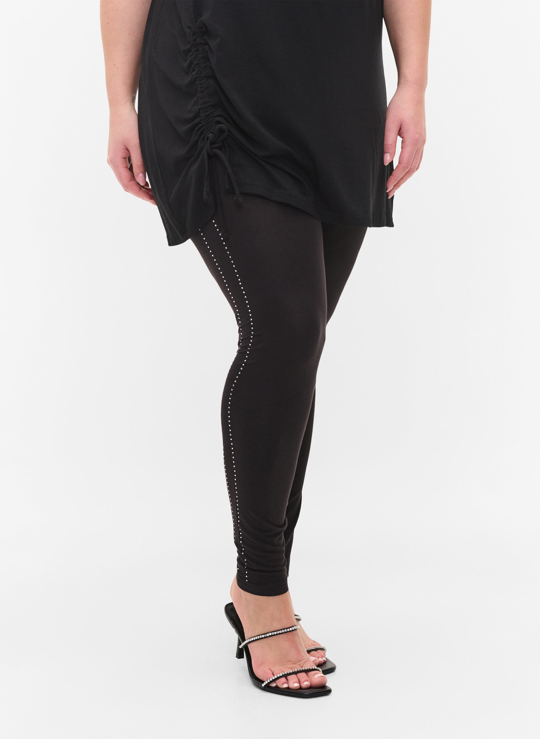 ZizziViscose leggings with stones on the side, Black, Model image number 2