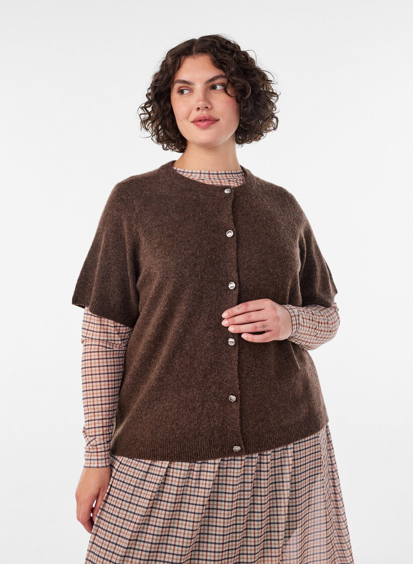Kardigan z dzianiny z kr&oacute;tkim rekawem, Brązowy, Model image number 0