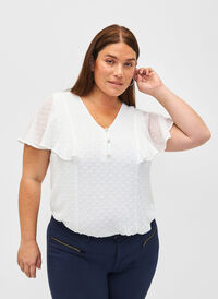 Bluzka z faktura w kropki i krótkimi rekawami, Bright White, Model