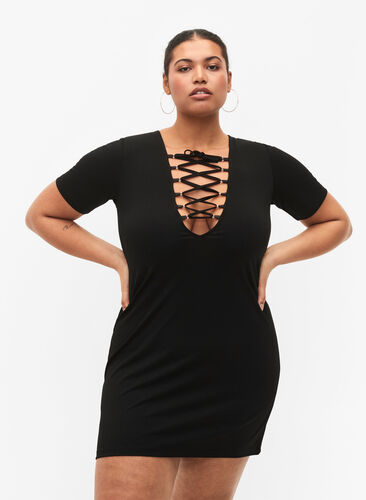 Dwustronna sukienka ze sznurkami, Black, Model image number 0