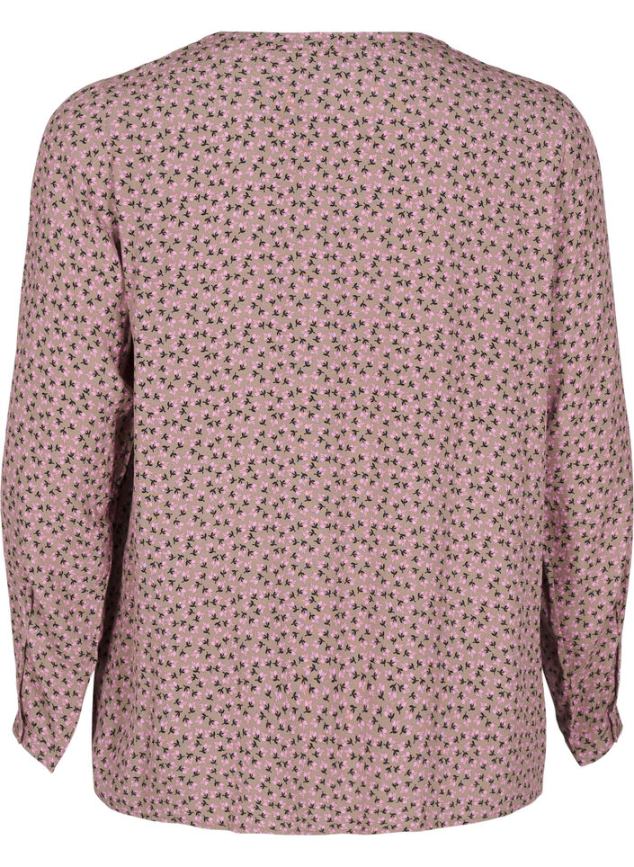 Bluzka z dlugim rekawem, kwiatowym wzorem i dekoltem w szpic, Brązowy, Packshot image number 1