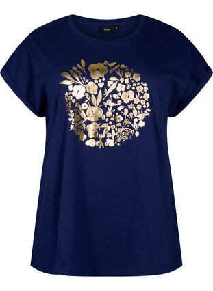 T-shirt z organicznej bawelny ze zlotym nadrukiem, Med.Blue Gold Flower, Packshot image number 0