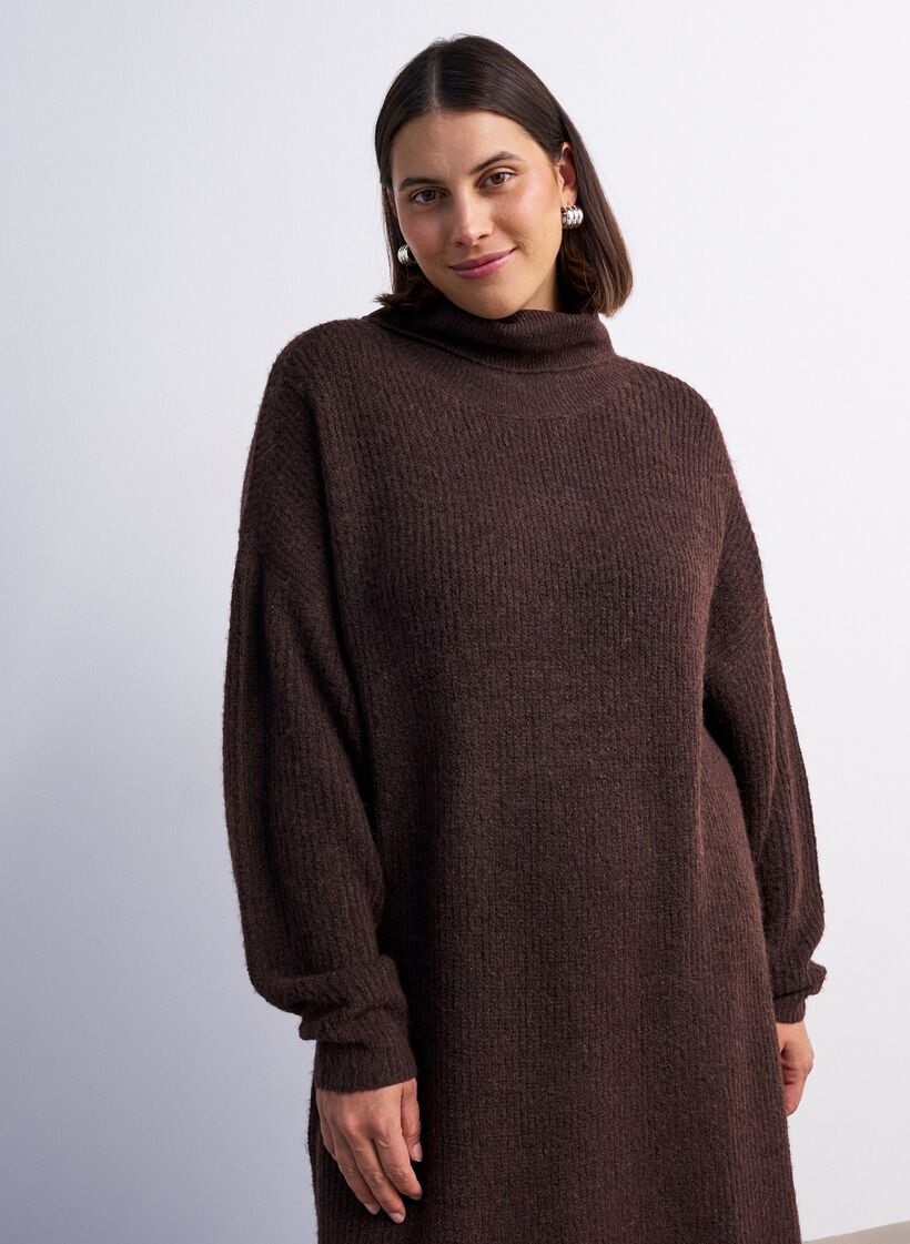 Dzianinowa sukienka z golfem, Brązowy, Model image number 3